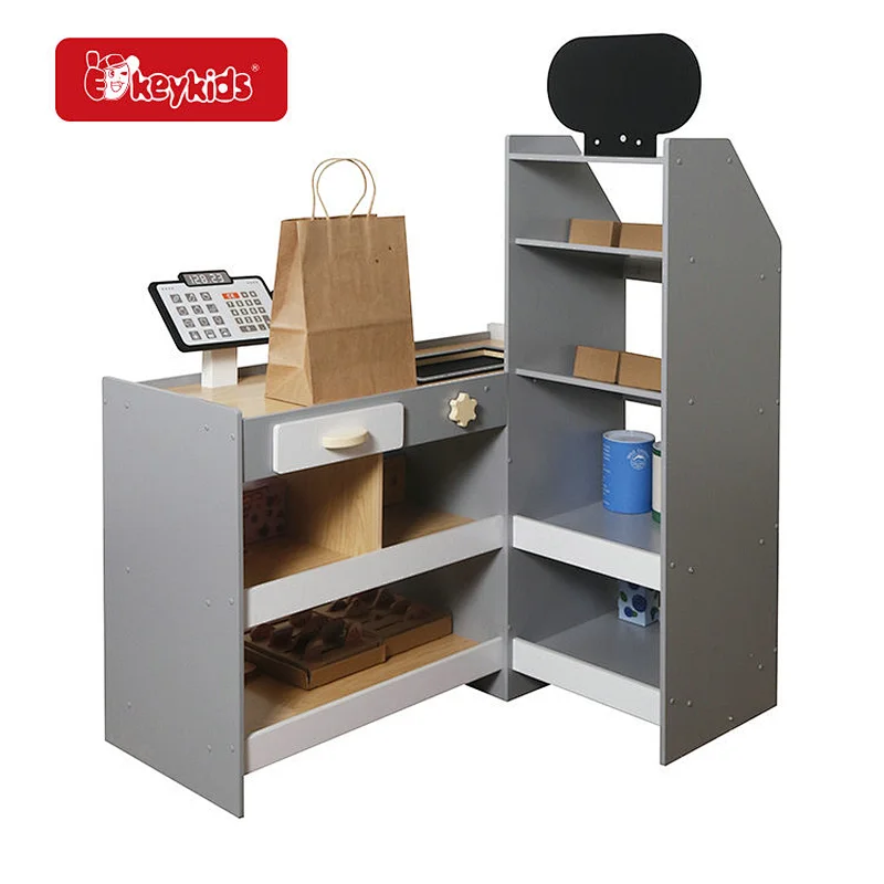 Wooden Large Gray Supermarket Play Set - Kids Pretend Play Grocery Store with Shelves and Cash Register W10A214C